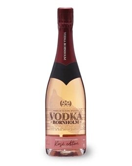 Vodka Bornholm Rosé Edition champagneflaske med rubinrød væske og trælåg